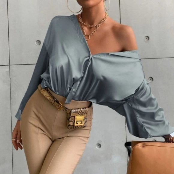 Button down Bishop Sleeve Shirt Blouse Dusty Blue - Picture 3 of 5